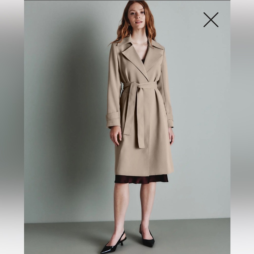 NEW Quince stretch crepe wrap belted lined trench coat morel tan large pockets